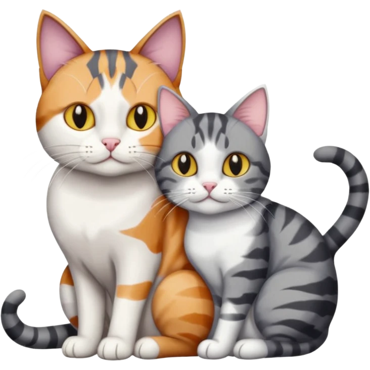 two cats in love, a colourful light patched calico + white tabby cat cuddling a bigger cat that is dark grey and white tabby cat emoji