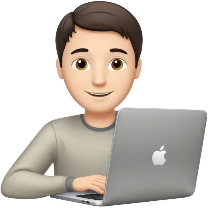 A white brunette man in his mid 20s, middle parted short hair, average dude with slightly droopy eyes, happy, using a silver laptop (no logo) emoji