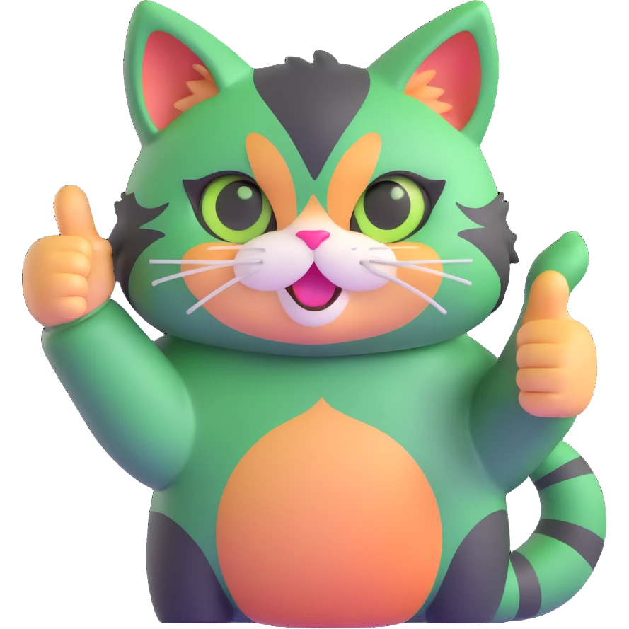 tricolor fluffy cat with big green eyes giving thumbs up emoji
