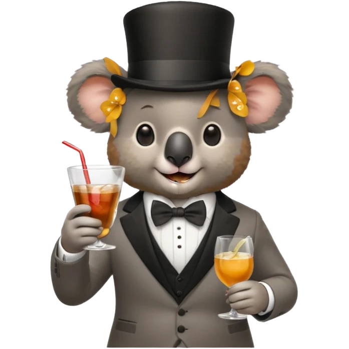 koala wearing suit, bowtie and top hat, holding glass of drink emoji