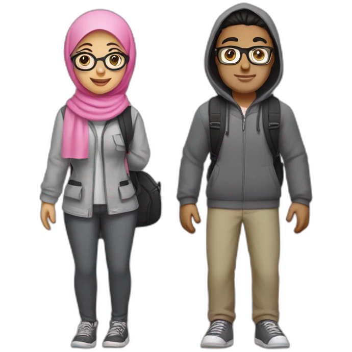 young white man with black hair, glasses, and gray clothes, and woman with hijab, glasses, and pink clothes, both with backpack for holiday trip, full body emoji