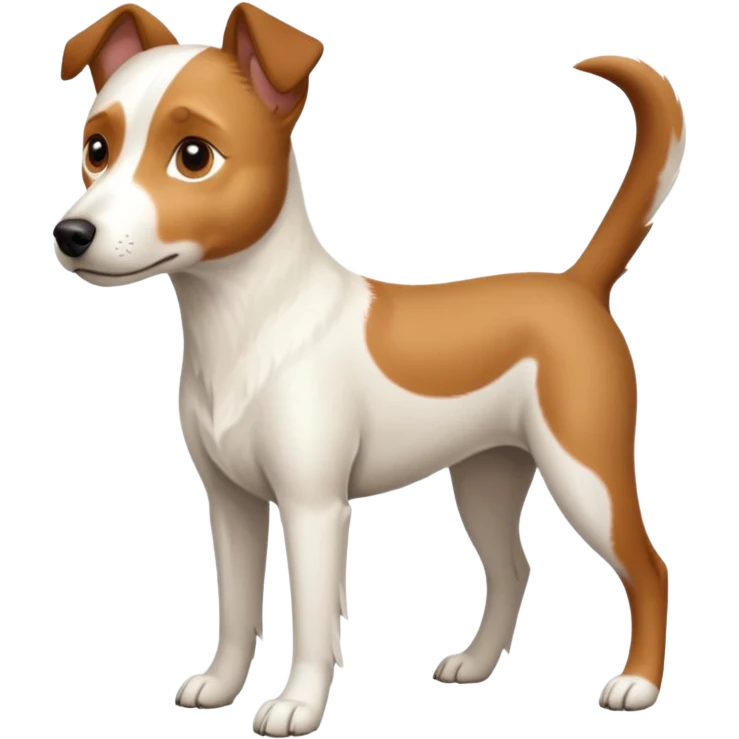 a full body white parson russell looking dog the size of a kelpie with light brown ears and a light brown patch on one eye and a large snout emoji
