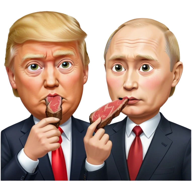 photorealistic Donald Trump and Putin eating a steak shaped like an piece of land emoji