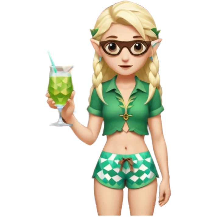 elf female legolas portrait, patterned board shorts (geometric/abstract), unique wooden-framed sunglasses, undercut hairstyle, slight smirk, visible pointy ears, no background, centered emoji, hipster summer vibe coctails  emoji