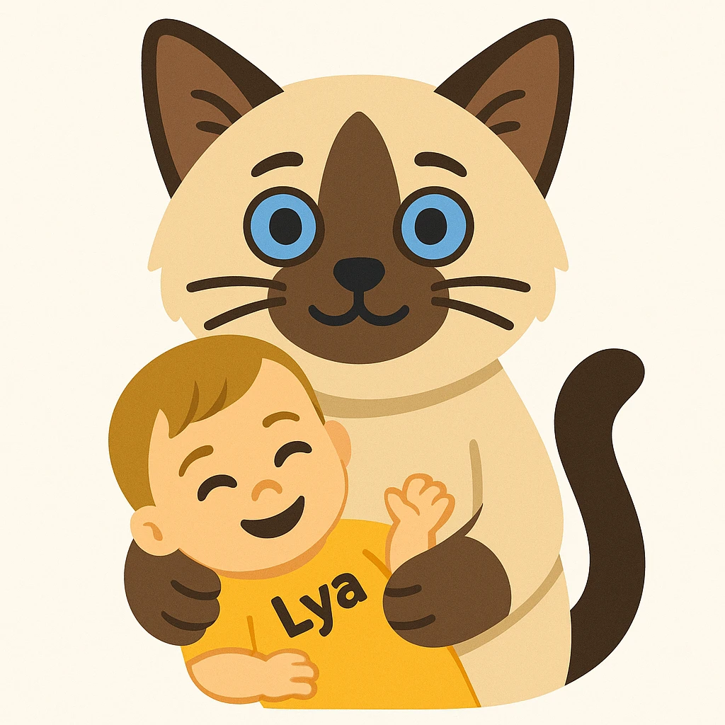 Create an image of a Birman seal point cat holding a baby human named Lya with short dark blonde hair in its paws. The baby is smiling. The style should resemble emoji style as closely as possible. emoji