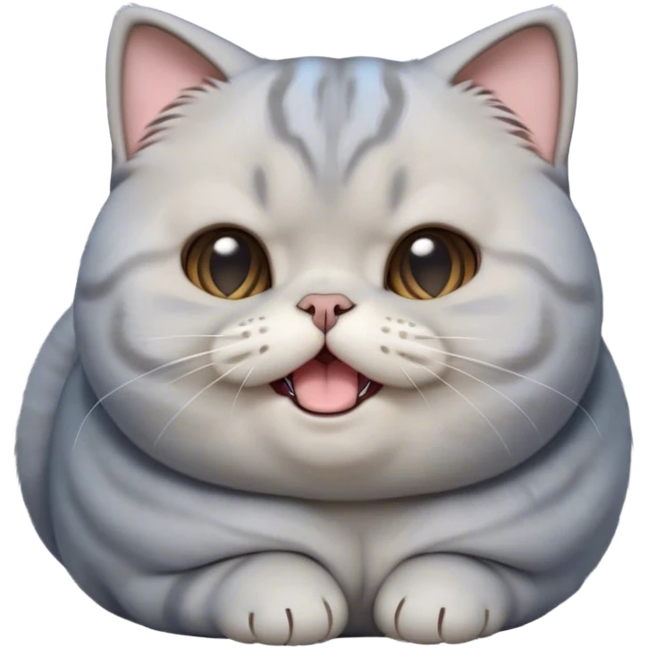 Cinematic Cute Chubby Grey Scottish Fold Cat Portrait Emoji, Adorable folded ears framing its round face, head tilted playfully and yawning, round and plump body with sleek soft grey fur and subtle blue undertones, Simplified yet adorable features, highly detailed, glowing with a warm, friendly glow, high shine, curious yet calm, stylized with a touch of whimsy, bright and endearing, soft glowing outline, capturing the essence of a mischievous yet loving and lazy kitty with those signature folded ears, so cute it feels like it could stretch out of the screen and cuddle! emoji