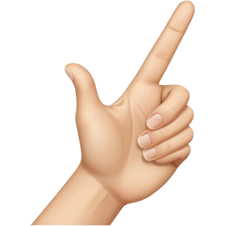 A realistic close-up photo of a right hand entering the frame from the bottom right corner, back of the hand facing the camera, pointing diagonally upwards to the left with only the thumb and index finger extended in a finger gun or L-shape gesture, other fingers closed and tucked in. emoji