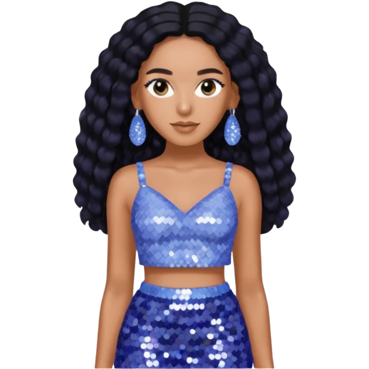 Solange with long black hair, periwinkle sequin crop top, periwinkle sequin skirt, periwinkle earring emoji