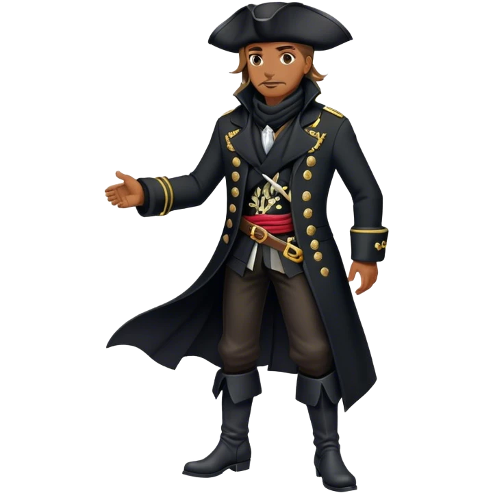 A confident pirate captain in a tailored black coat with silver embroidery, black boots, and a windswept black scarf. emoji