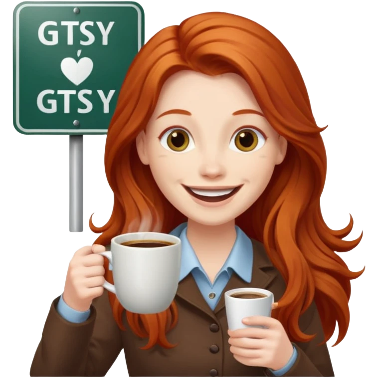 Excited long haired redhead drinking coffee holding sign in front saying GTSY emoji