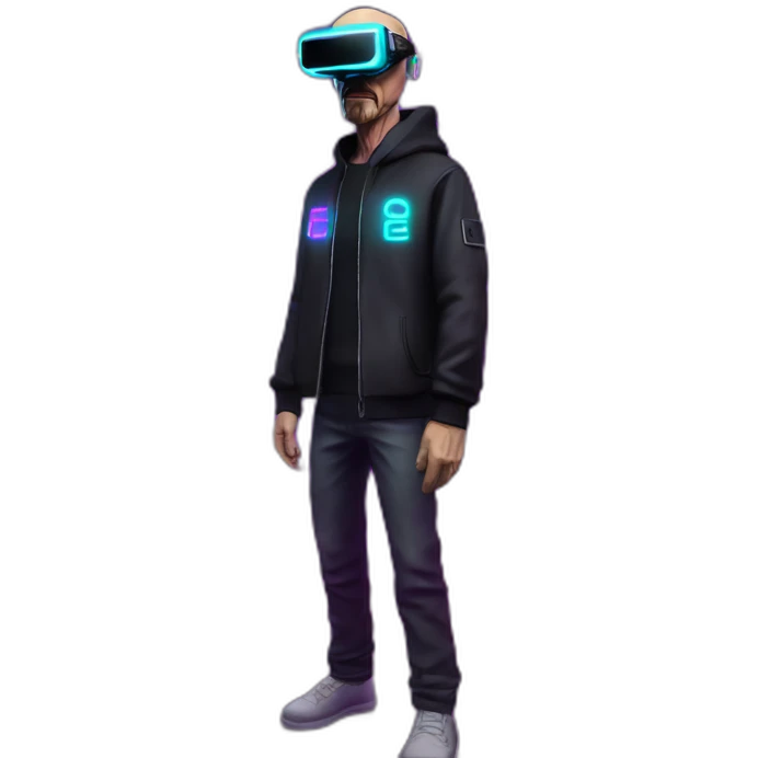 Walter White wearing a black hoodie with "OMG" letters on it and VR headset in a cyberpunk VR environment with violet neon lighting. emoji