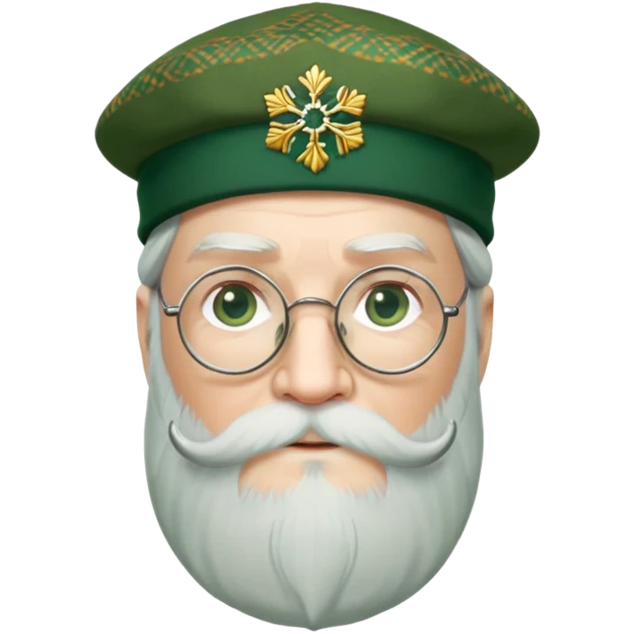 Dumbledore wear green scotland Tam o'shanter cap with decorative patterns, wear glasses, very long beard emoji