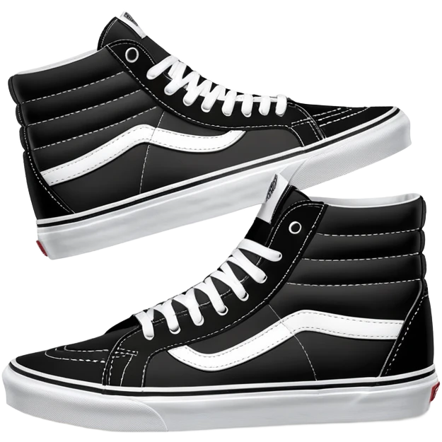 Black Vans Sk8-Hi high top shoes arranged as a pair with one slightly behind the other, classic black with white jazz stripe and white sole emoji