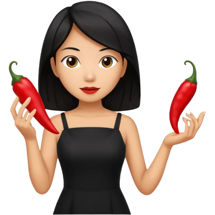asian black short shoulder length hair tanned woman, black dress cooking, holding chili pepper emoji
