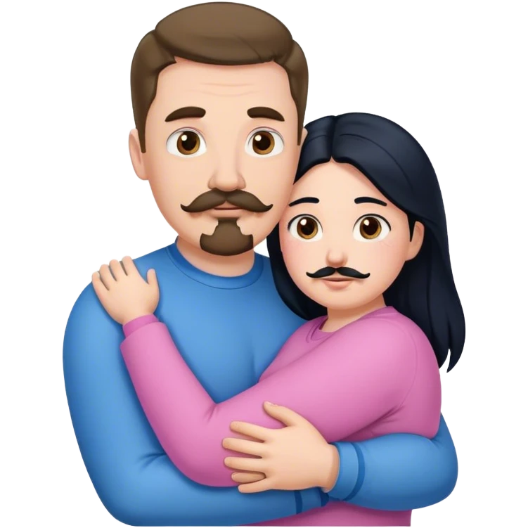 Tall strong white man with brown mustache goatee wearing blue hugging a chubby short pale woman with long black hair wearing pink emoji
