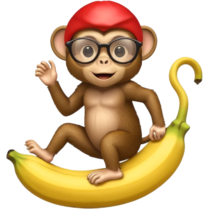 A monkey with cool glasses riding on a banana emoji