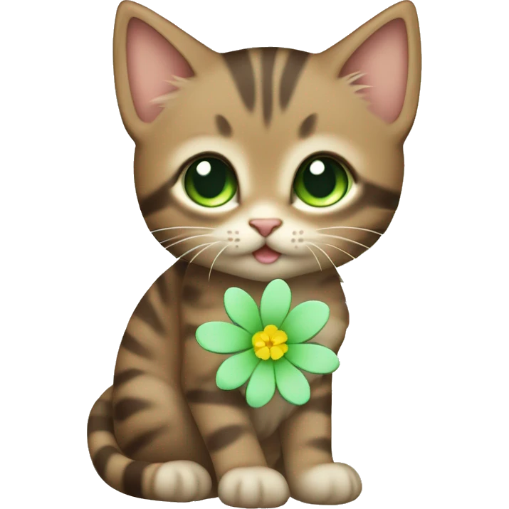 kawaii brown tabby kitten with green eyes and pastel green flower emoji