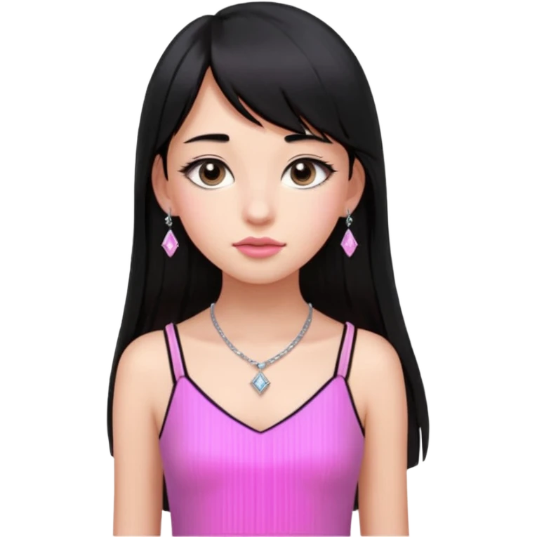 Cabelos pretos longos lisos ,com franja curvada  na altura do queixo .olhos pretos puxadinho para cima. Cílios longos curvados. Pele clara ,nariz pequeno ,lábios carnudos ,adolescente 16 anos ,vestido rosa de alça, colar pequeno prata ,brinco de diamante pequeno  emoji