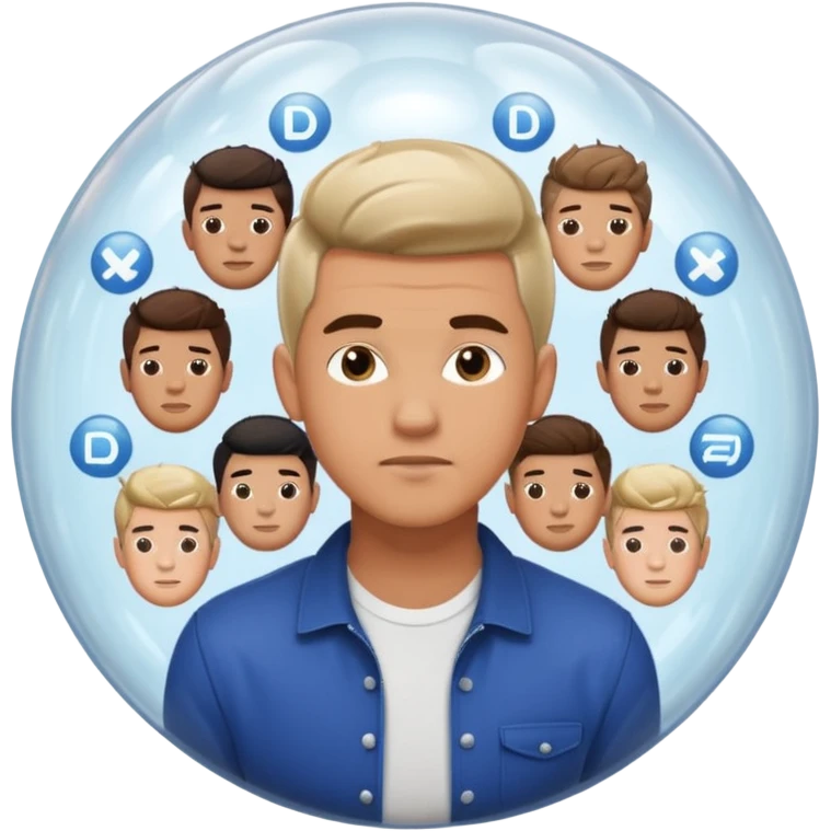 Emoji-style casually dressed man inside a clear bubble surrounded by repeating identical content icons. He can only see one direction, with other viewpoints outside the bubble blurred or muted. Clean-shaven, neutral background, soft lighting emoji