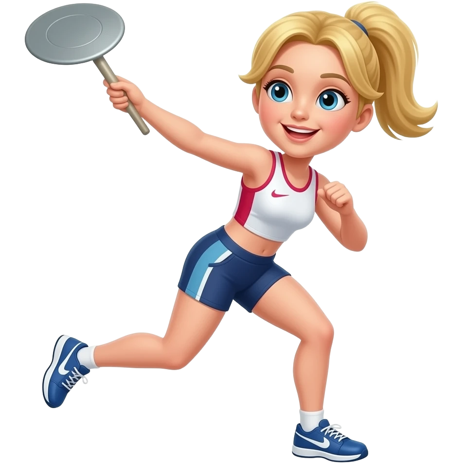 White girl blonde throwinf discus with ponytail. no number emoji