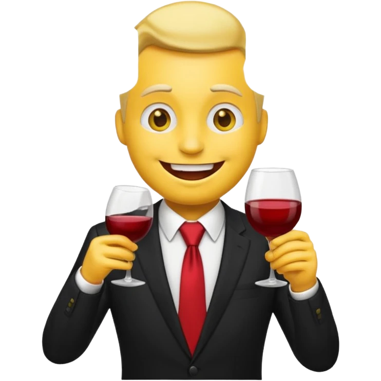 Yellow emoji with black suit and red tie, drinking wine, freaky smiling face, handsome emoji