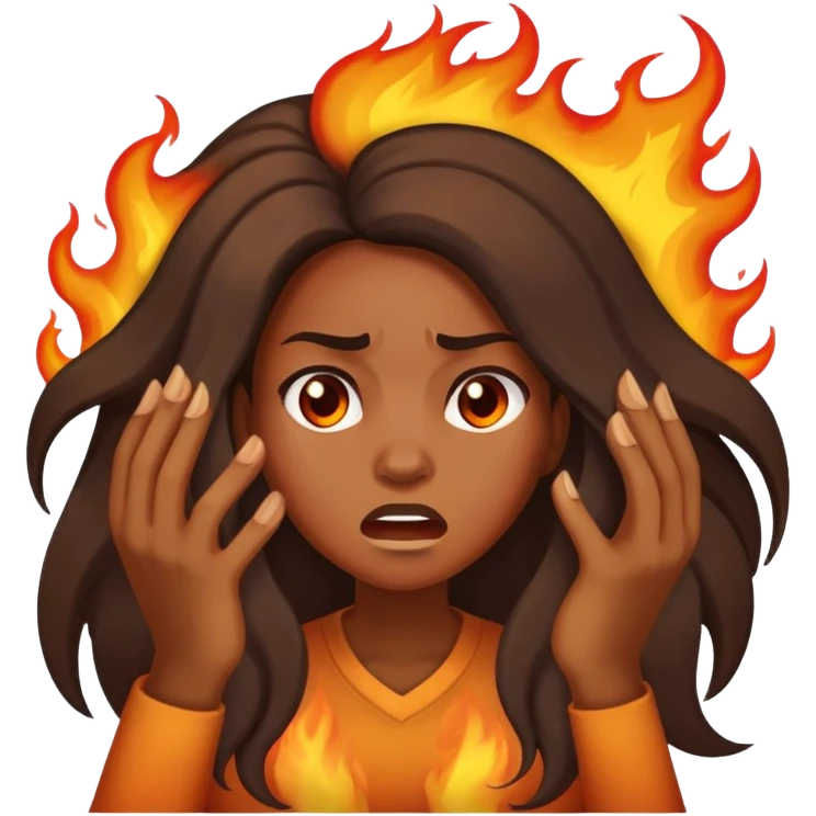 African American woman with long hair, frustrated face expression, with her hair on fire emoji