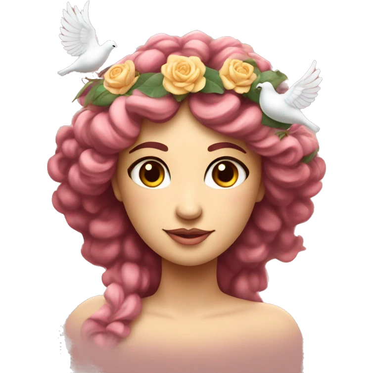 Aphrodite with a flower crown and a dove and hearts. Goddess of love from Greek mythology  emoji