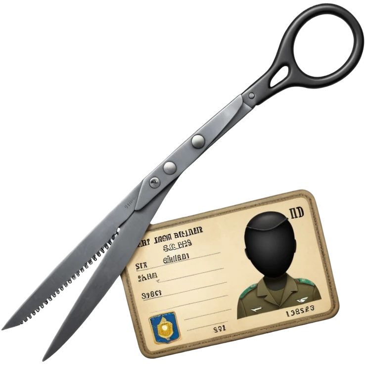 Floating black Scissors cutting in half an idf soldier ID card in 2 parts .hyper realistic emoji