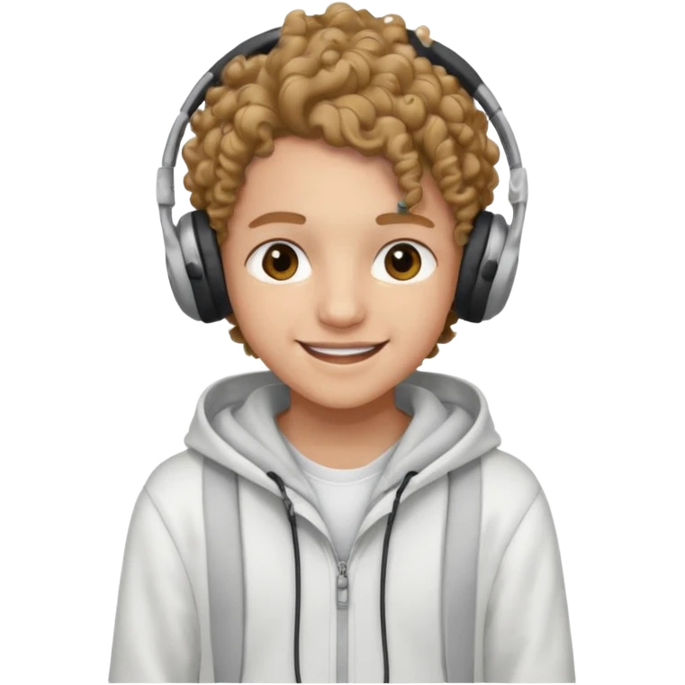 Faça um adolescente de cabelo cacheado médio sorrindo com um aparelho dental e fones de ouvido, com um moletom branco emoji
