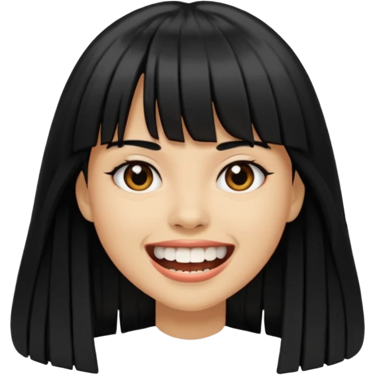Woman a little tan with long black hairs and bangs, appearing teeth emoji