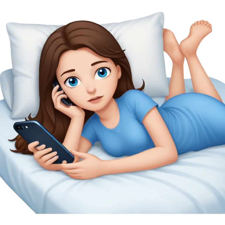 White girl brunett blue eyes, laying on her stomach  In bed using her phone emoji