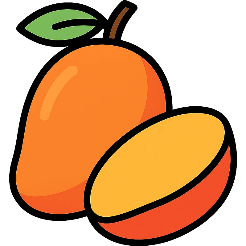 flat vector mango illustration, one whole and one sliced half, clean minimal design, white background, high resolution, no background elements emoji