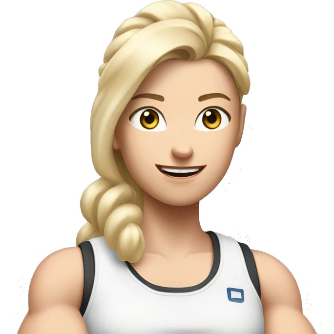 Close up Actively gesturing  with hands Pale skinned Fit woman With the biceps and blonde hair in dark gray Sleeveless Mike, black sports shorts, watch and white Sneakers emoji