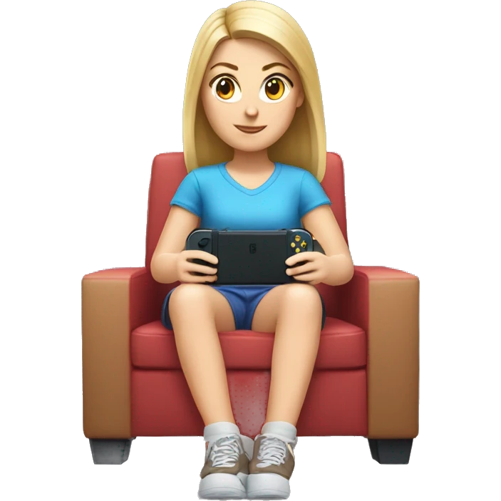 A white girl is sitting and playing a Nintendo Switch emoji