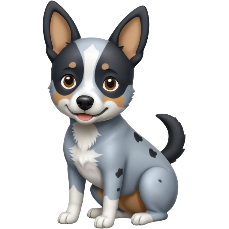 black, grey, and white blue heeler dog, emoji style, playful pose, wagging tail, minimal background emoji