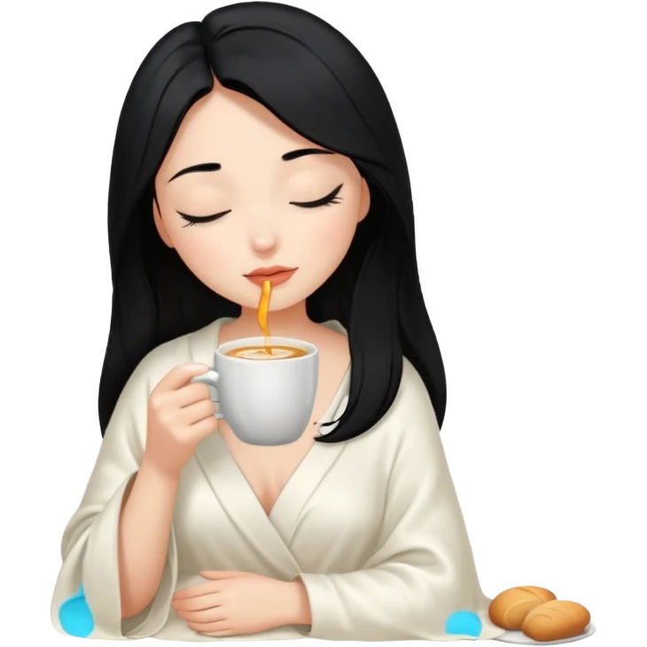 black hair girl long hair inside a white milky satin blanket sipping coffee eyes closed emoji