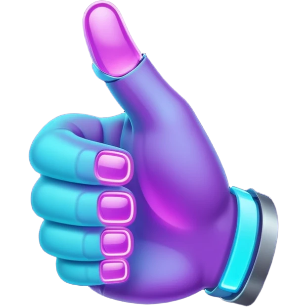 futuristic glowing thumbs up, neon purple and cyan light, dark background, digital tech style emoji