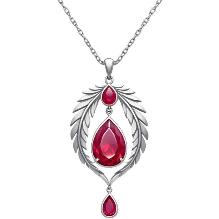 cosmic phoenix talisman, teardrop ruby with feather details, radiating rebirth, floating silver chain emoji