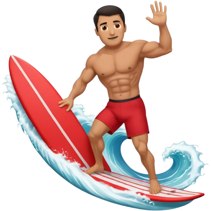 50 year old, muscular, dark haired, tan, red shorts man riding a big wave emoji