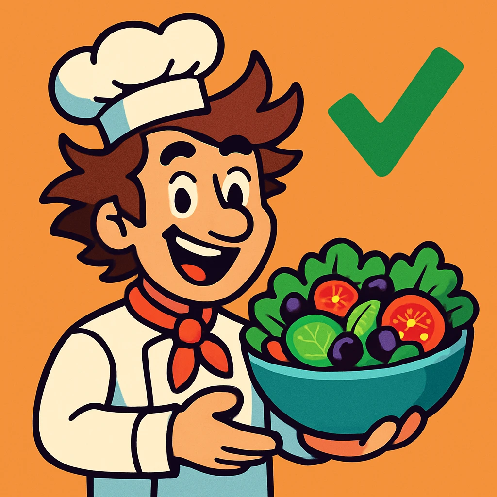a guy with wild brown hair wearing a chef's hat, offering a salad, with a green check mark next to him, clean modern illustration style emoji