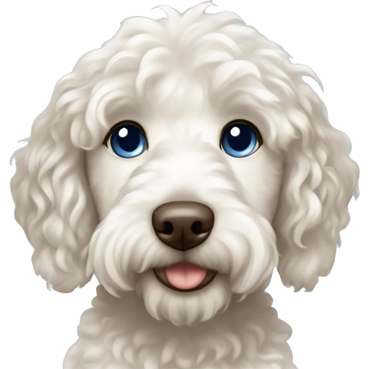 White Labradoodle with dark brown ears and girl with wavy brown hair , blue eyes and light skin emoji