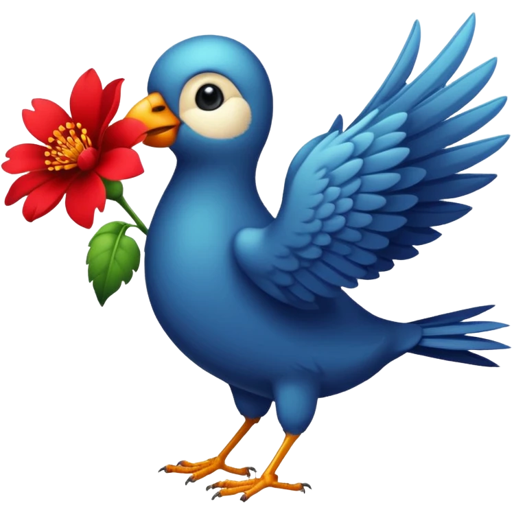 A bird carrying a red flower emoji