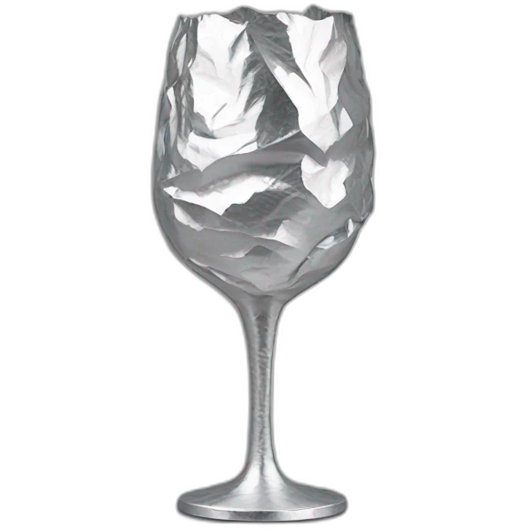 A 3D layer of A reflective, crinkled and wrinkled aluminum foil covering a wine glass shape, like a stemmed wine glass emoji