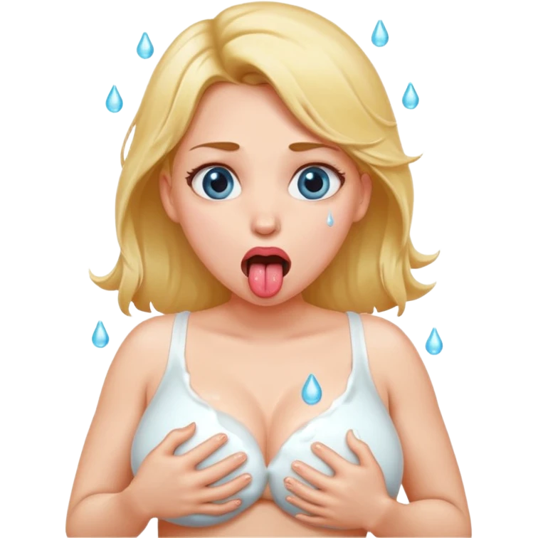 Bare skin woman, she has very massive breats and big nipples, her eyes rolled up, she opens her mouth to stick her tounge out with saliva. She has wet milk on her chest. emoji