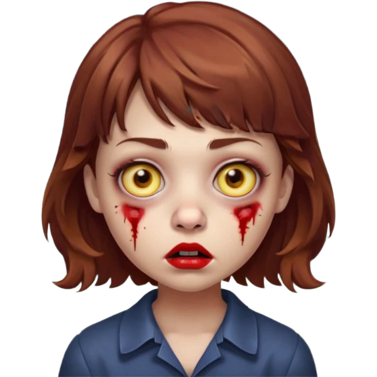 FAÇA UMA PERSONAGEM FOFA COM NARIZ DE BOLINHA AVERMELHADO CLARO E ZUMBI CABELO MARRON ONDULADO E FRANJA CURTA   COMO SE NÃO SOUBESSE OQ FEZ LÁBIOS CLAROS FECHADOS E OLHOS AMARELOS emoji