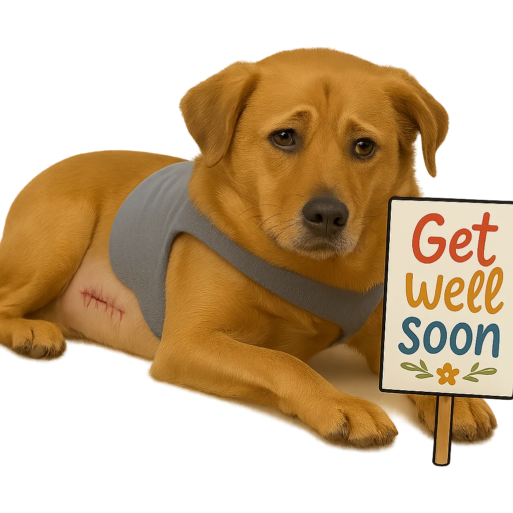 Add a 'get well soon' sign next to the dog. Keep the background transparent. emoji