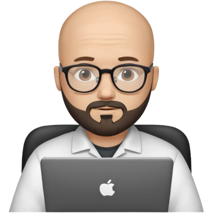 Bald white guy with black chin and jaw beard who works remotely with data emoji