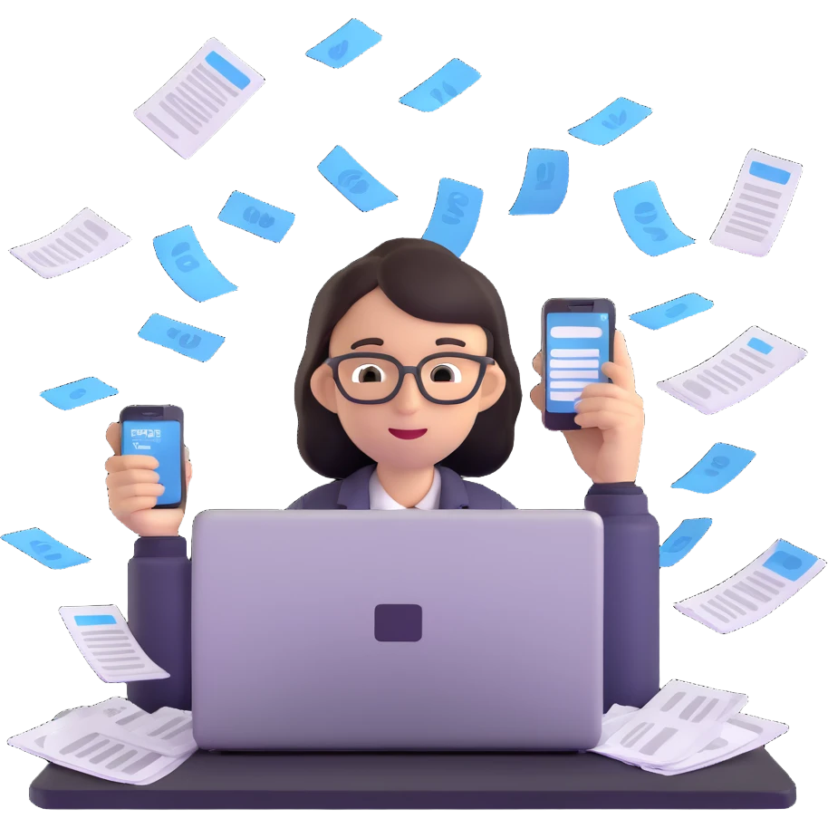 person holding a phone in one hand, laptop open in front, storm of receipts, invoices, and reminders swirling around, multitasking chaos emoji