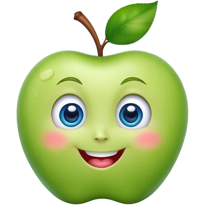 A cute green apple with a big smile and blue expressive big eyes emoji