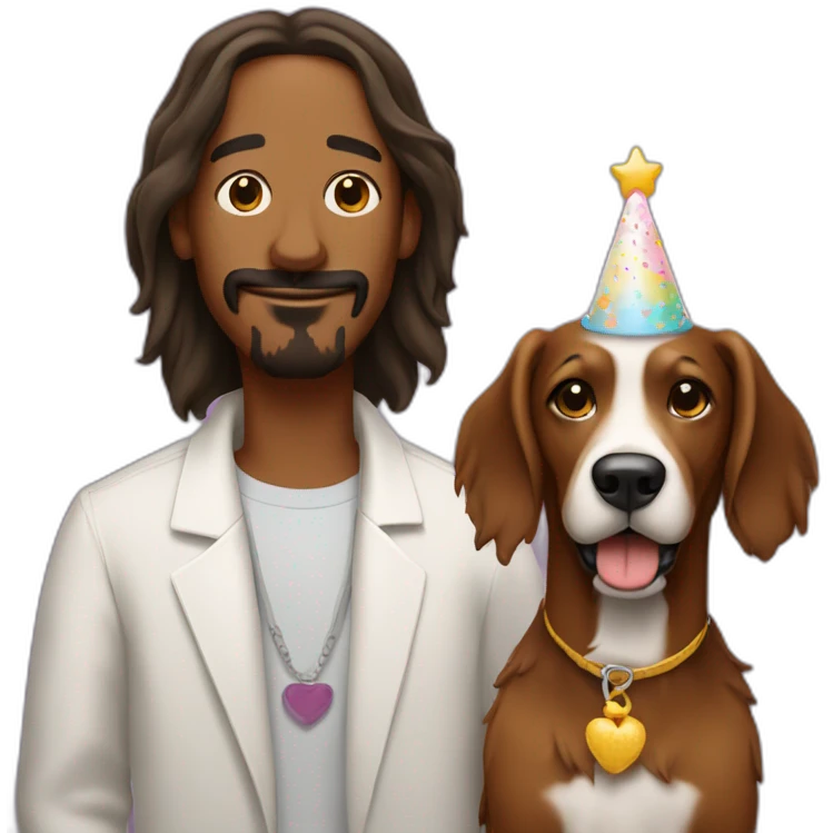 Snoop dog with a shaggy brown dog. He has a birthday cake emoji